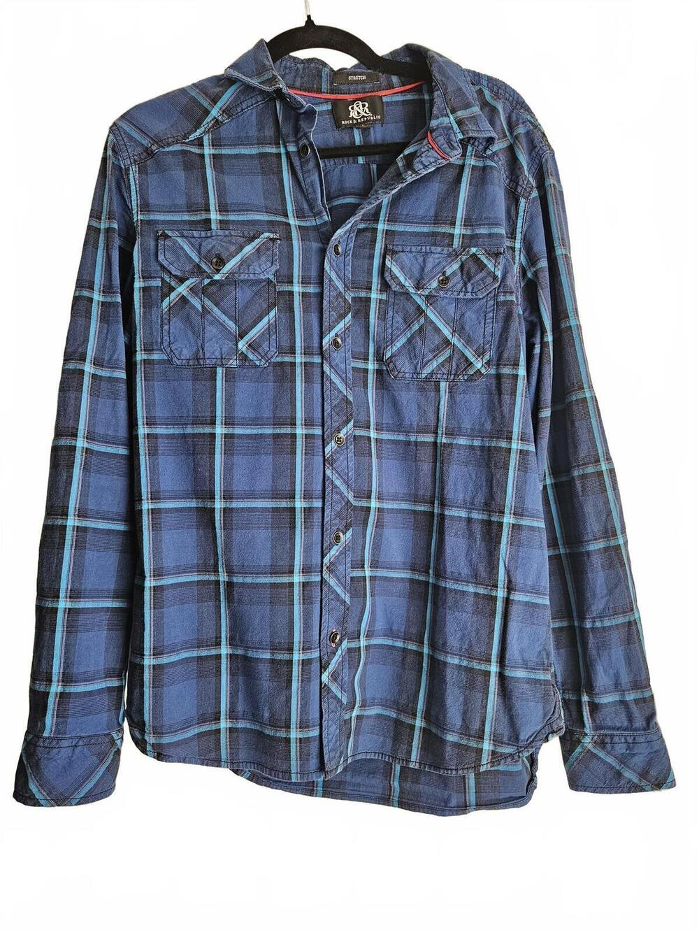 Rock & Republic Blue Plaid Stretch Button-Up Shirt Large